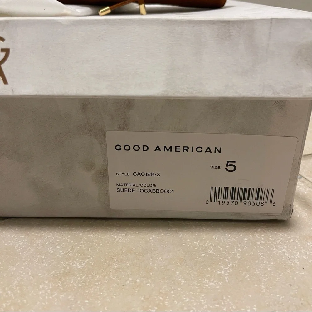 Good American Scandal Brown Suede Lace Up Gold Heel Point Toe Booties